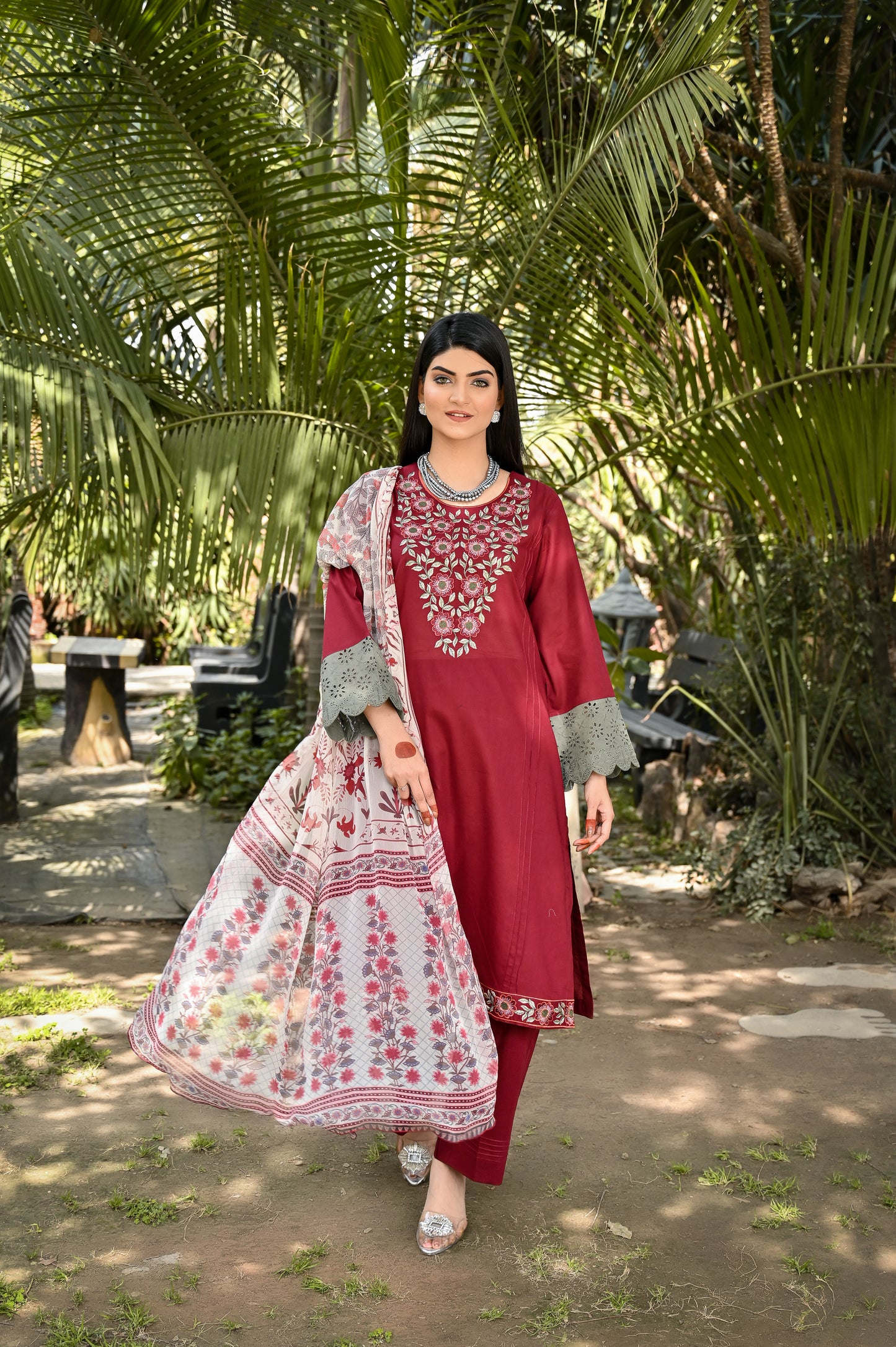 3Pcs Mhroon Embroidred - Perfect Stitches By Maryam