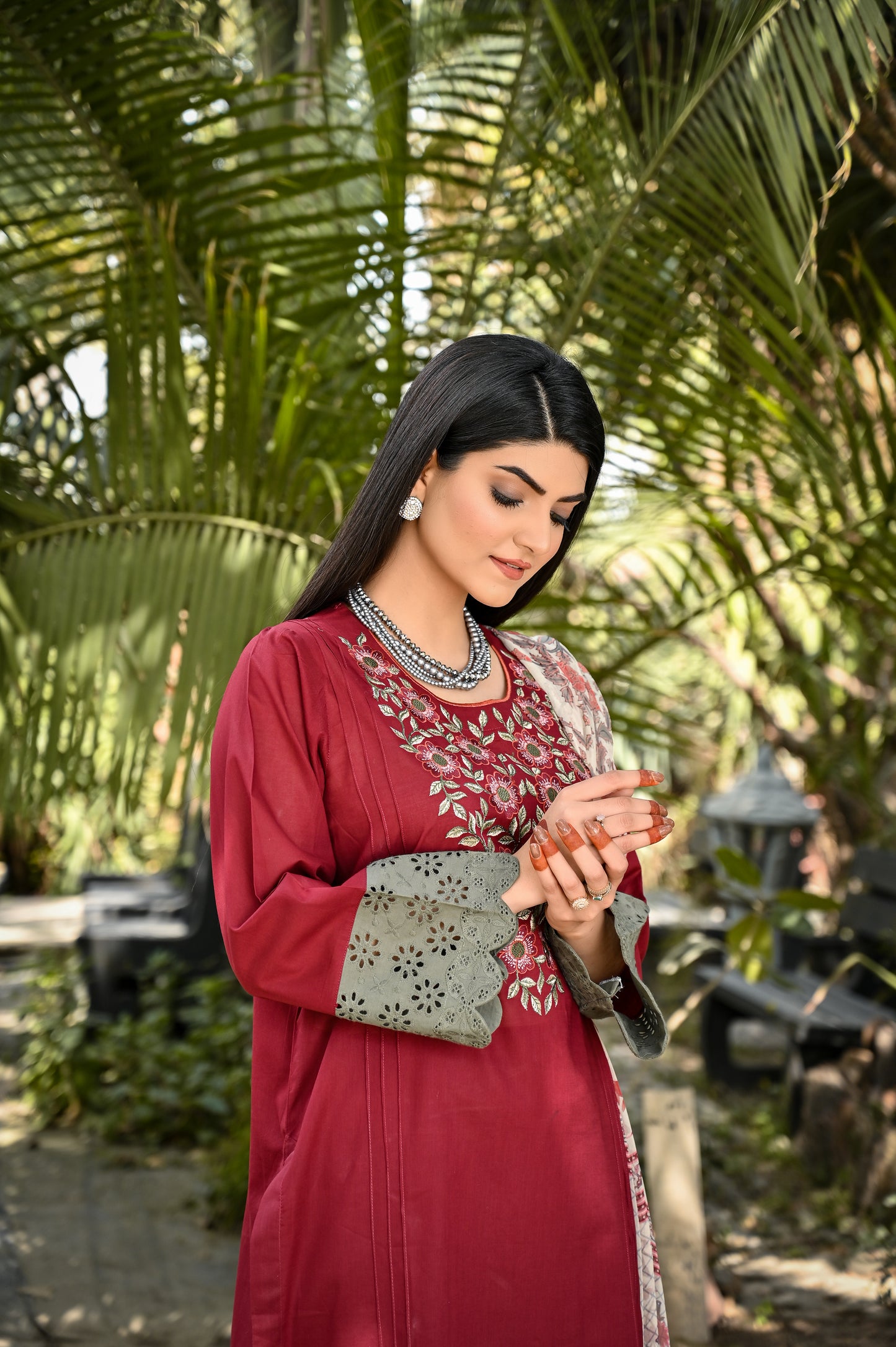3Pcs Mhroon Embroidred - Perfect Stitches By Maryam