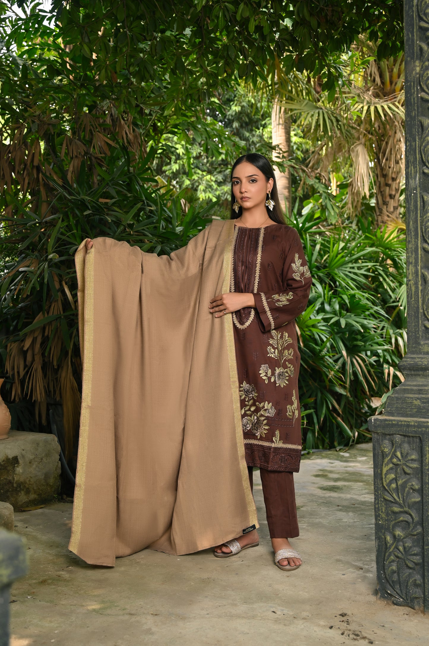 Brown& Skin Khaddar Embroidery 3Pc