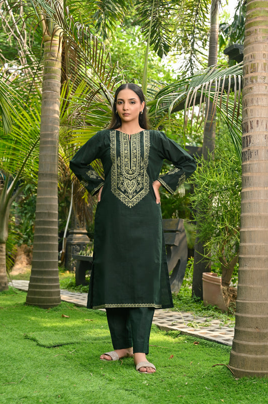 Dark Green Embroidered Khaddar 3pc