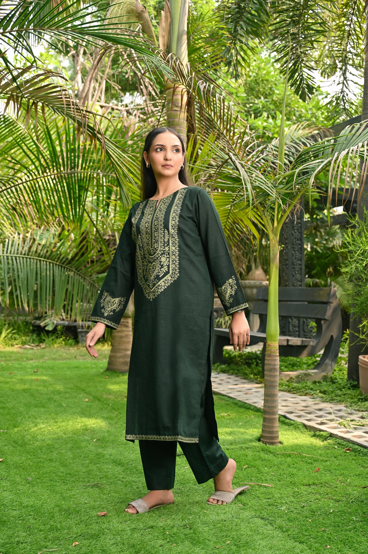 Dark Green Embroidered Khaddar 3pc