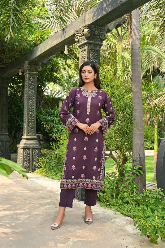 Purple Embroidered Khaddar 2pc