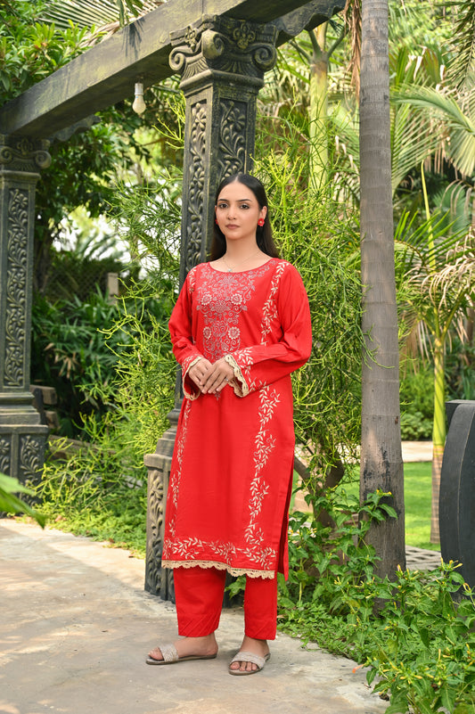 Red Khaddar Embroidery 2Pc
